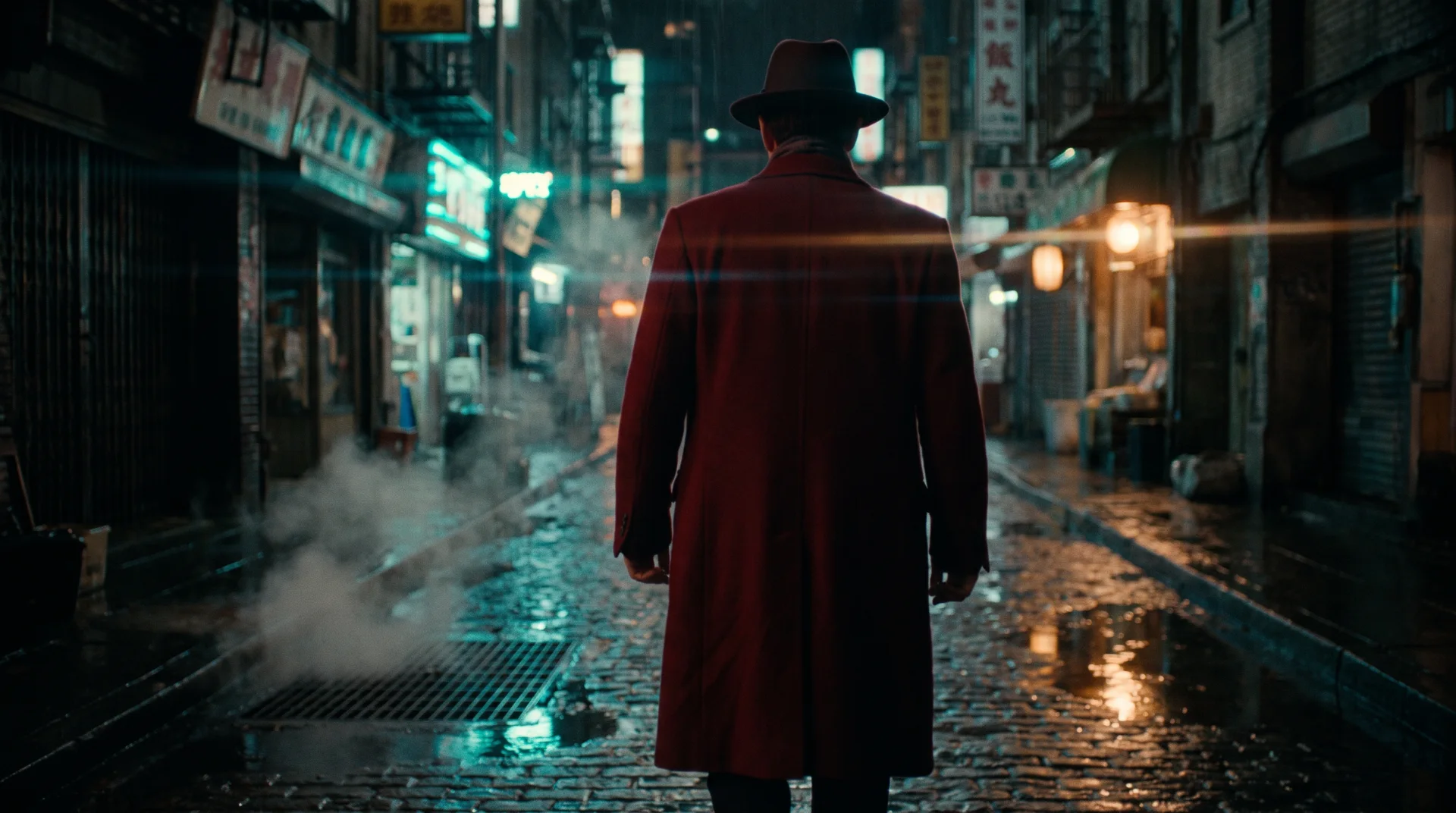 A figure in a crimson coat walks down a rain-soaked neon street at night.