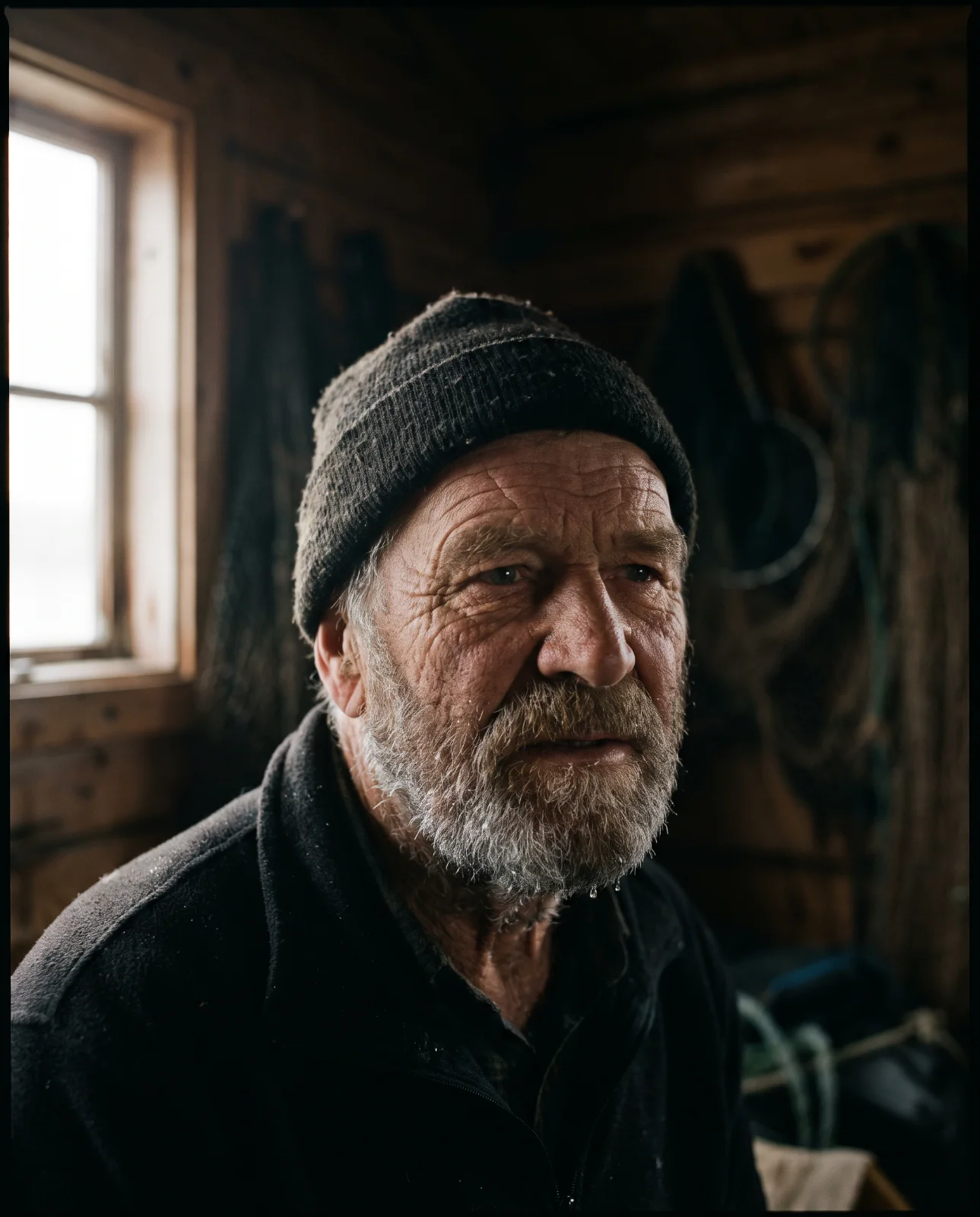 Close-up portrait of an elderly fisherman in a knit cap, lit from one window.