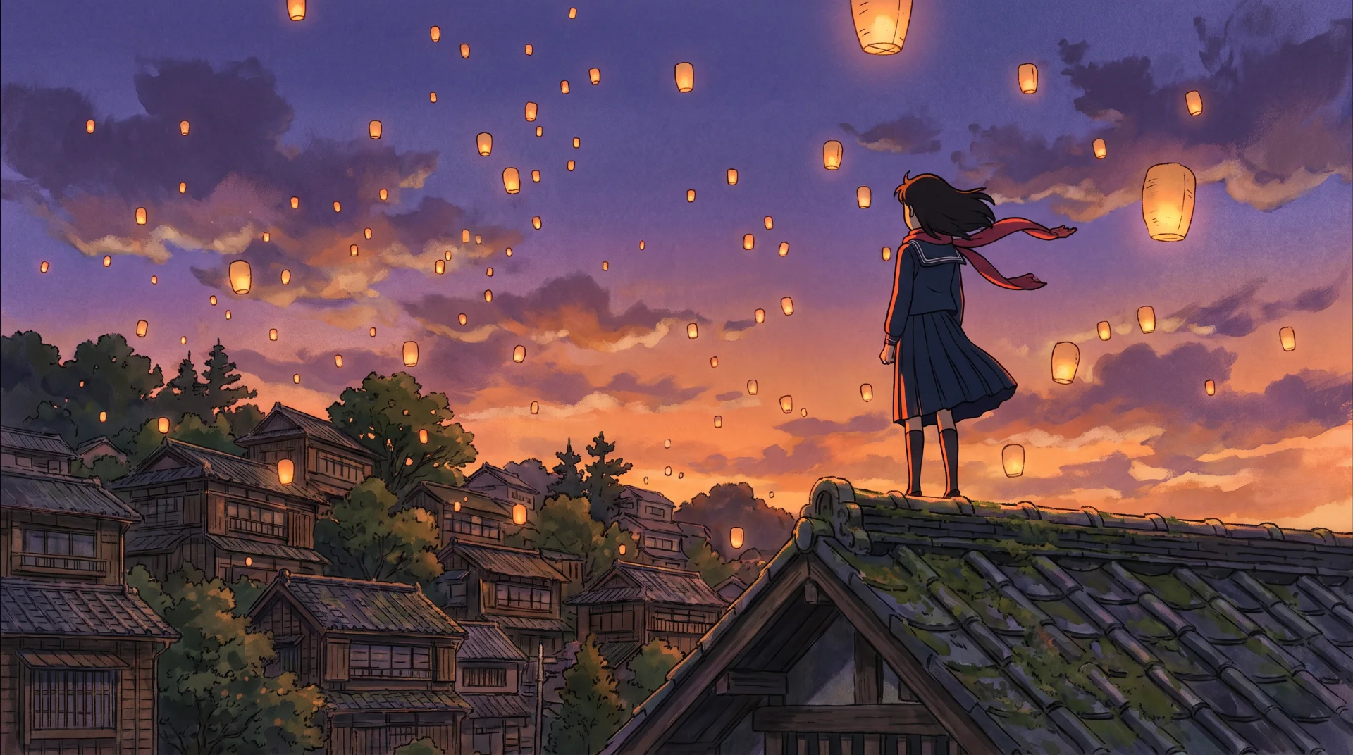 Hand-painted anime frame: a girl on a rooftop watches paper lanterns rise at dusk.